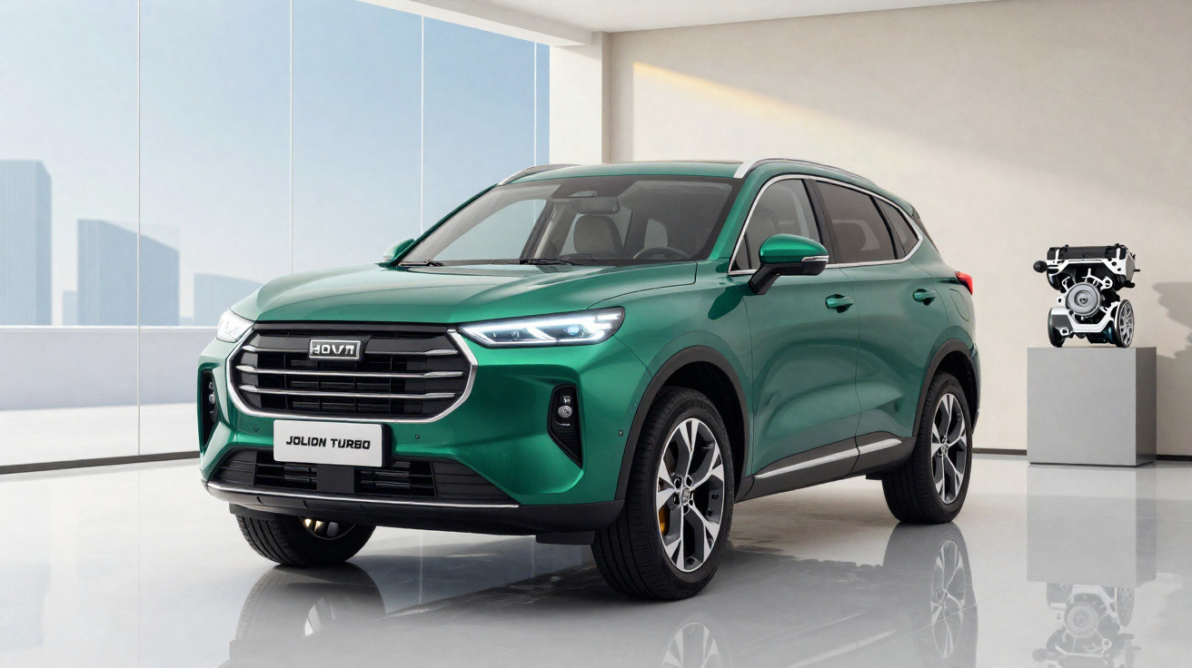 Carro SUV verde metalizado Haval Jolion Turbo estacionado em sala moderna com motor em exposição.