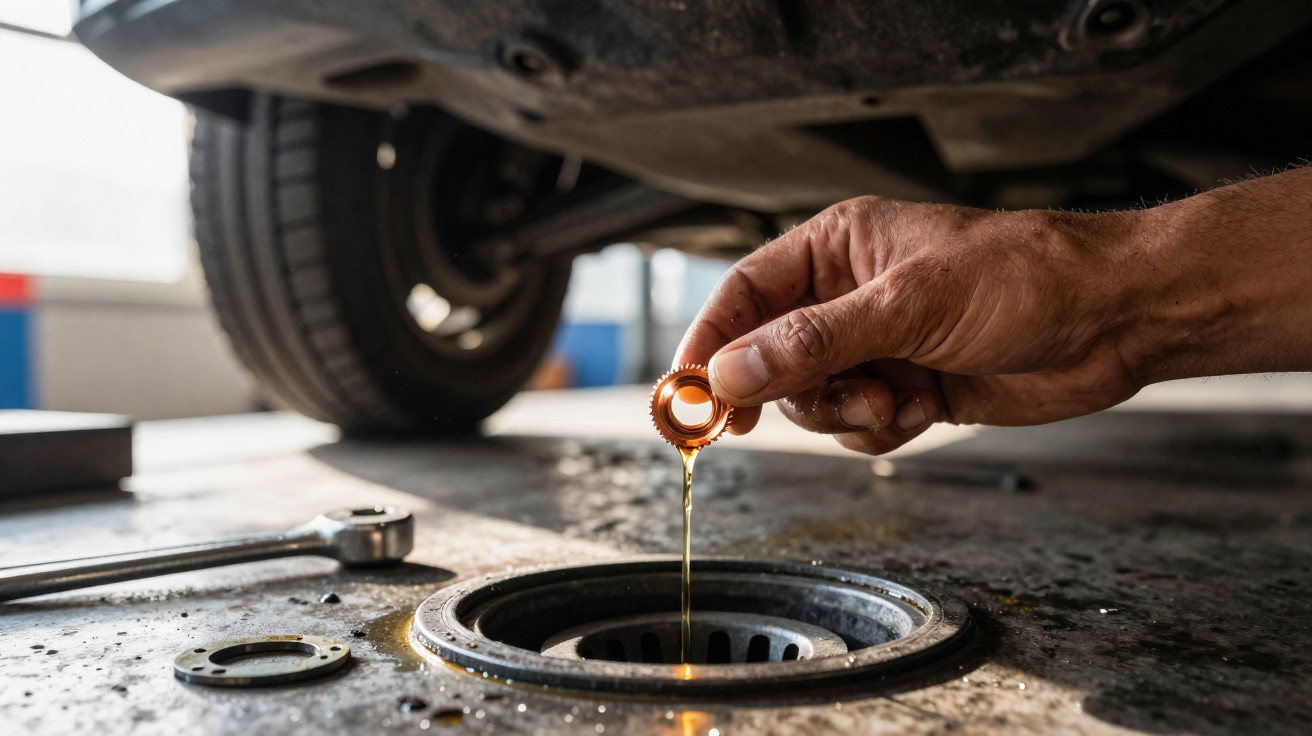 Mão a derramar óleo na abertura inferior de um carro durante manutenção automóvel numa oficina.