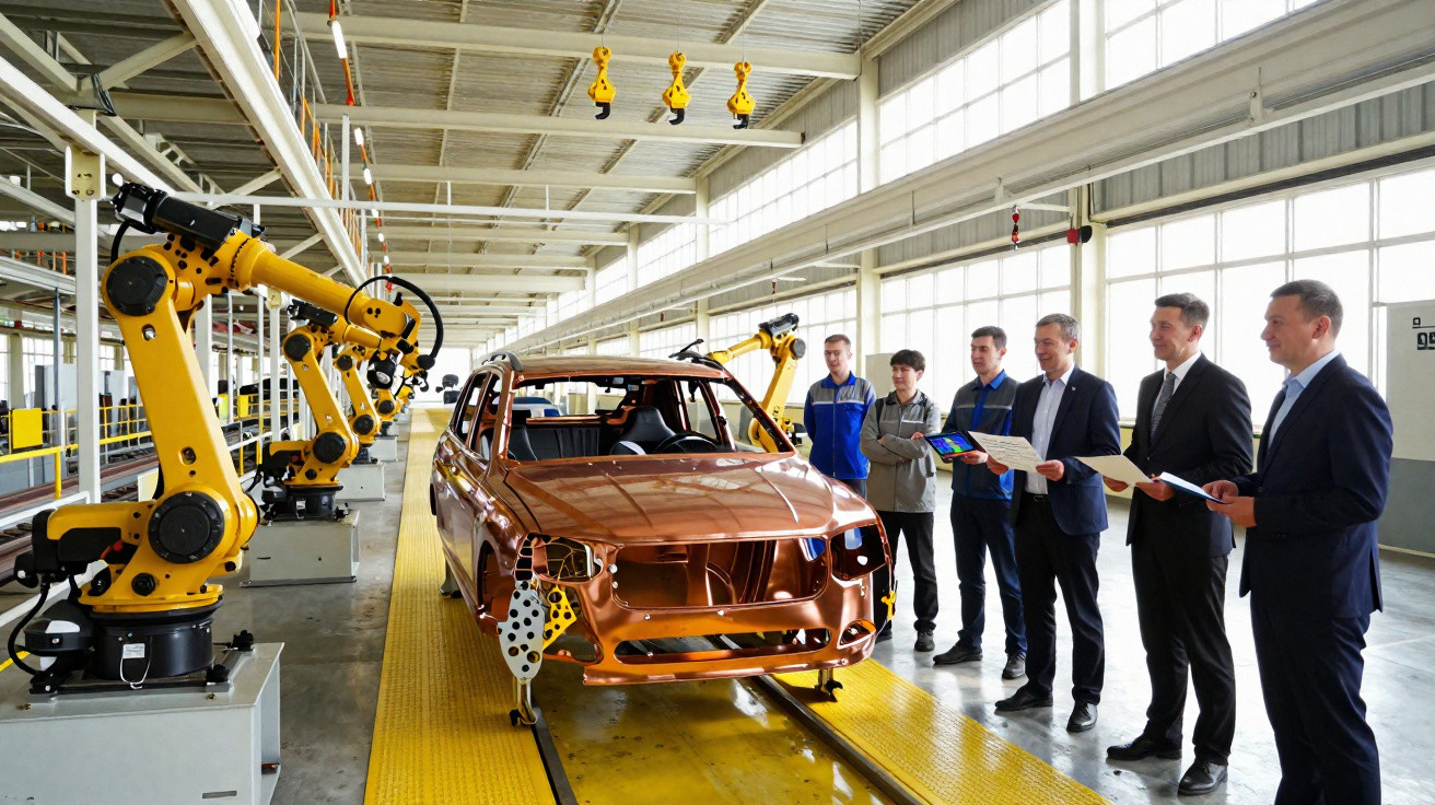 Linha de montagem de automóveis com robô industrial e grupo de homens em fato a observar o processo.