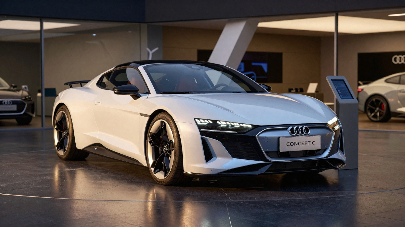 Carro desportivo Audi branco modelo Concept C em exposição numa concessionária moderna.