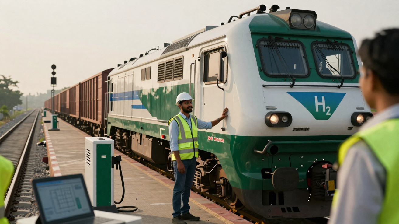 Comboio de hidrogénio numa estação com dois homens em coletes refletores a verificar o veículo.