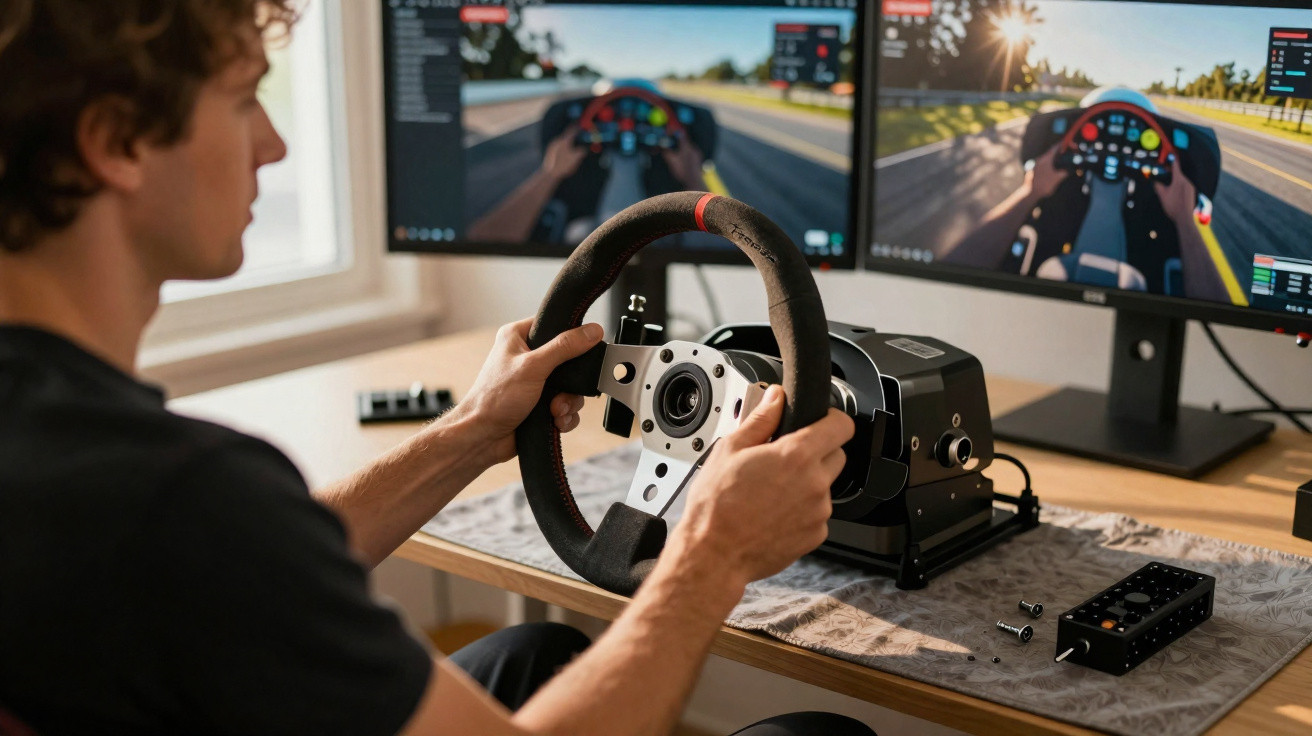 Homem a usar volante e três ecrãs para simulação de corrida automóvel em ambiente interno.