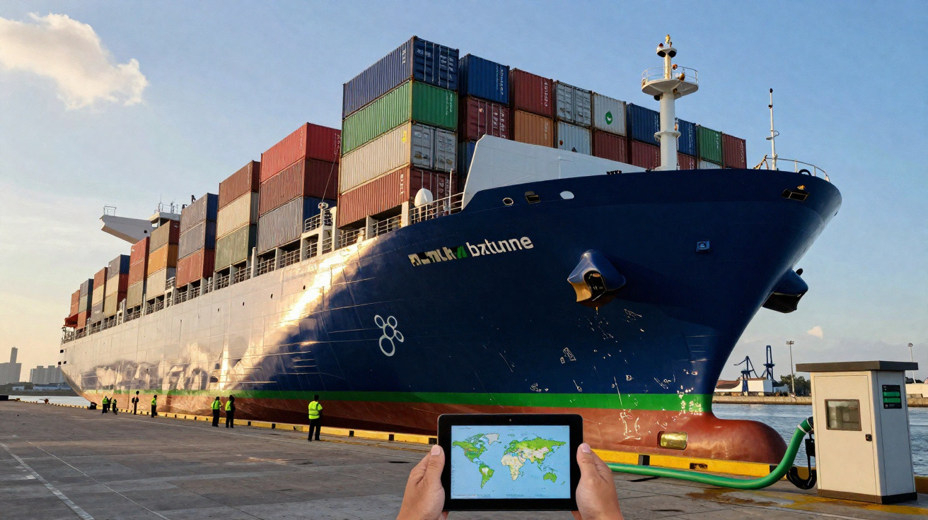 Navio porta-contentores azul atracado no porto com operador a usar tablet para monitorizar a rota.