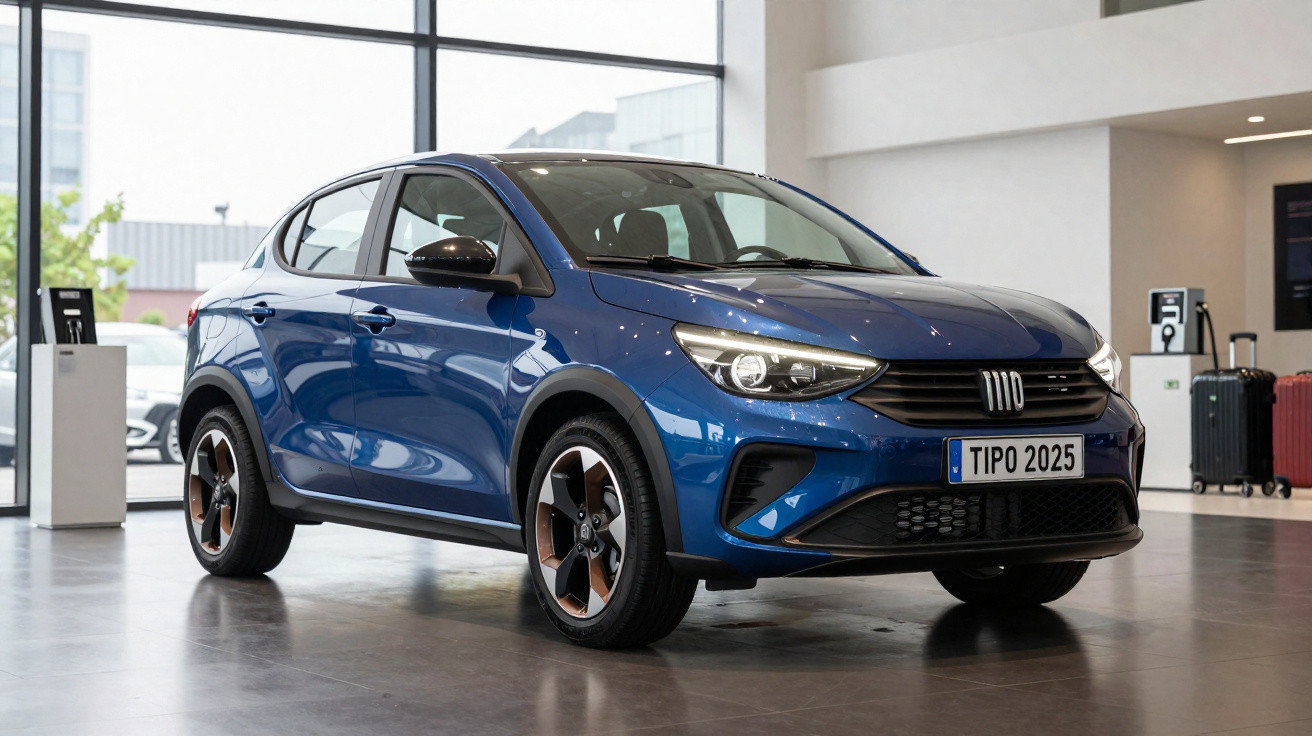Automóvel compacto azul com jantes bronze exposto numa loja moderna com carregador eléctrico ao fundo.