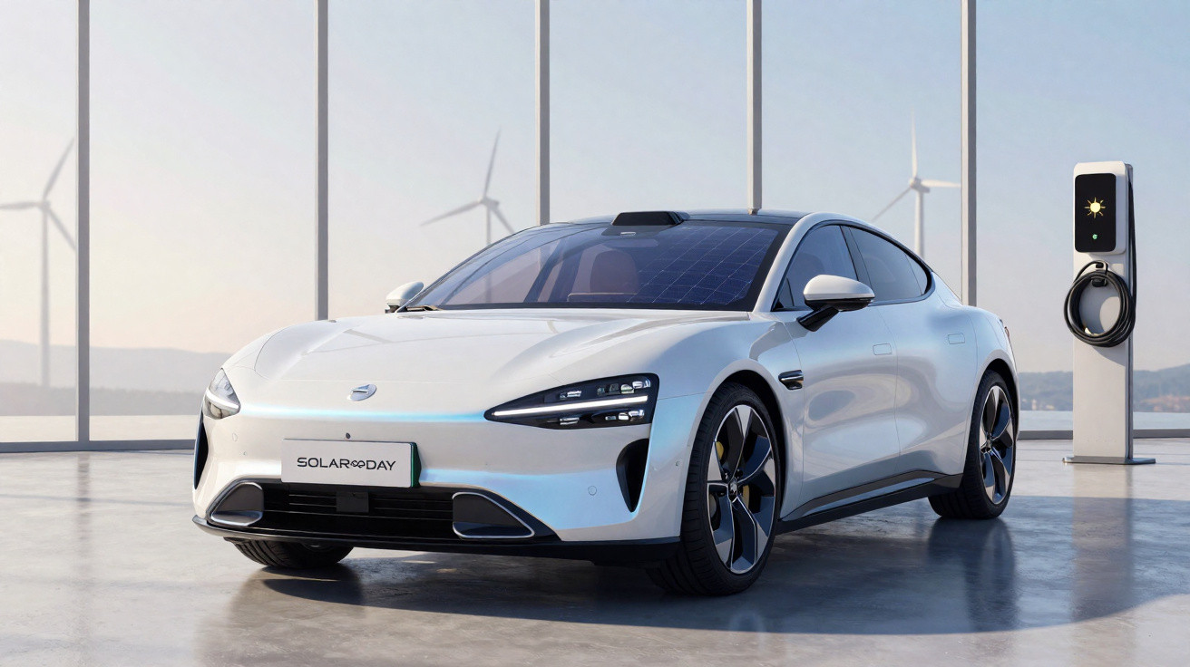 Carro elétrico branco estacionado em garagem moderna com estação de carregamento e turbinas eólicas ao fundo.