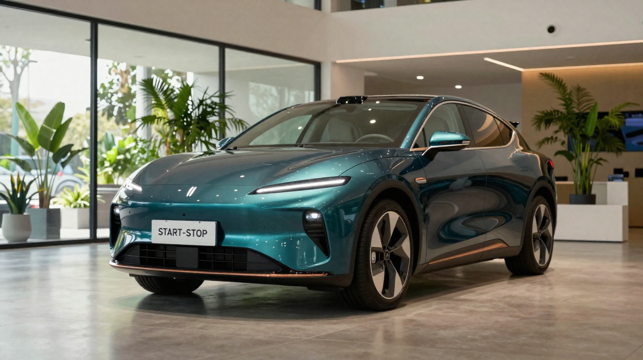 Carro elétrico moderno e verde escuro estacionado num salão com grandes janelas e plantas decorativas.
