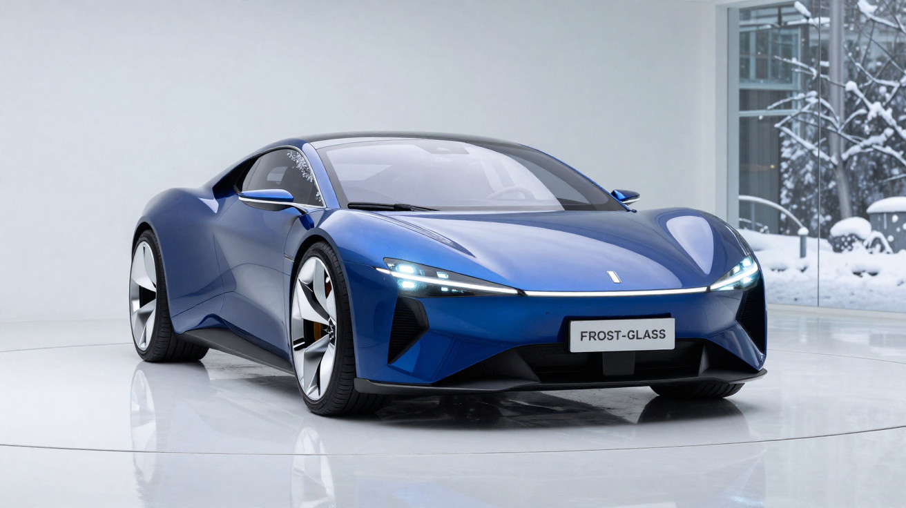Carro desportivo azul com design moderno e luzes dianteiras acesas num showroom minimalista branco.