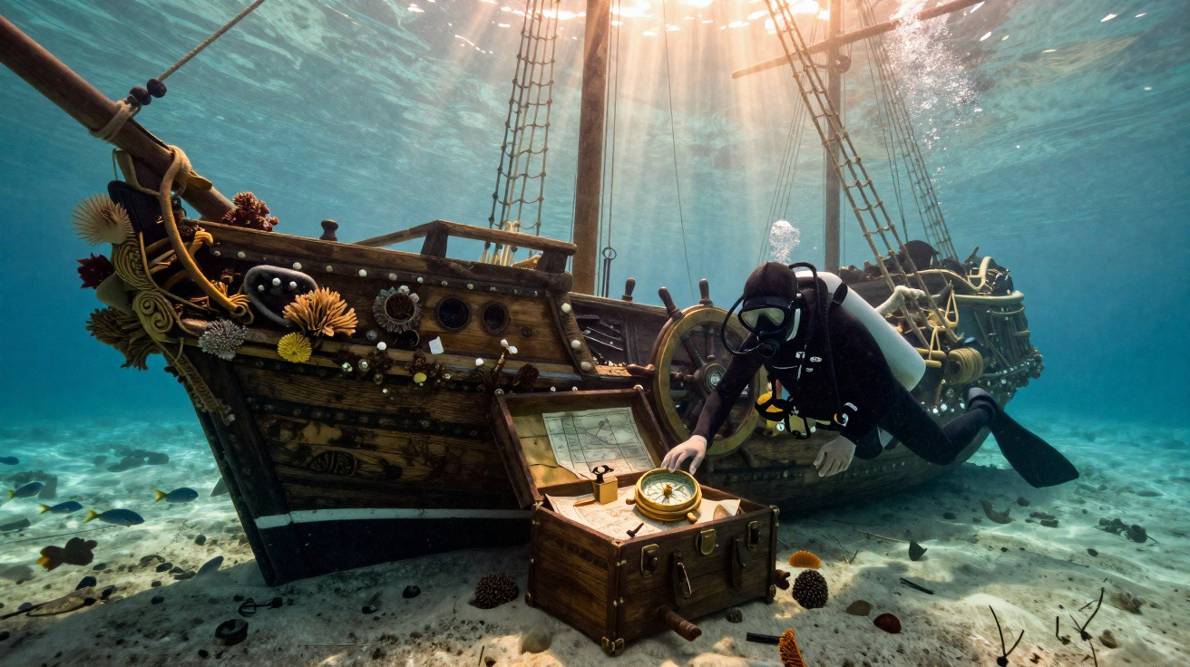 Mergulhador explora naufrágio de um navio pirata antigo com bússola e baú no fundo do mar cristalino.