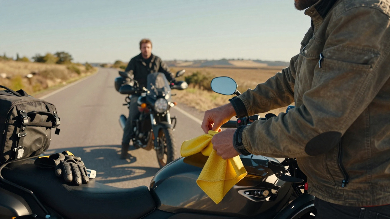 Dois motociclistas na estrada, um limpa a mota com um pano amarelo e o outro está ao fundo perto da moto.