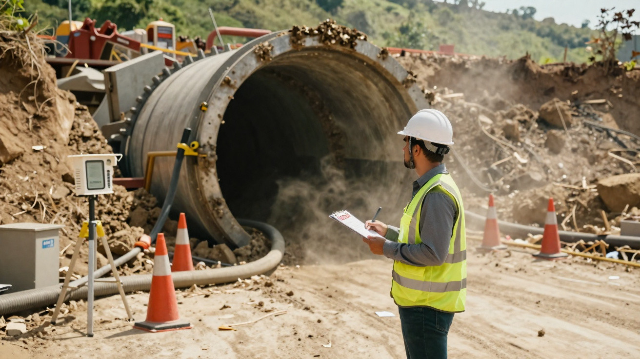 Engenheiro com colete e capacete observa obra de túnel em construção cercada por cones e terra.