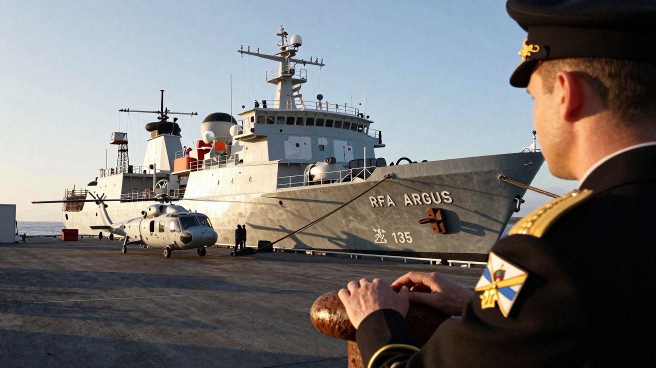 Homem fardado observa navio militar REA Argus A135 atracado com helicóptero na plataforma ao pôr do sol.