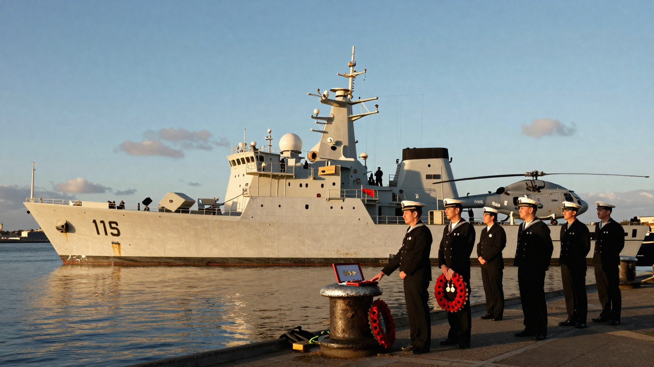 Navio de guerra ancorado junto a cais com marinha em uniforme alinhados em cerimónia ao pôr do sol.