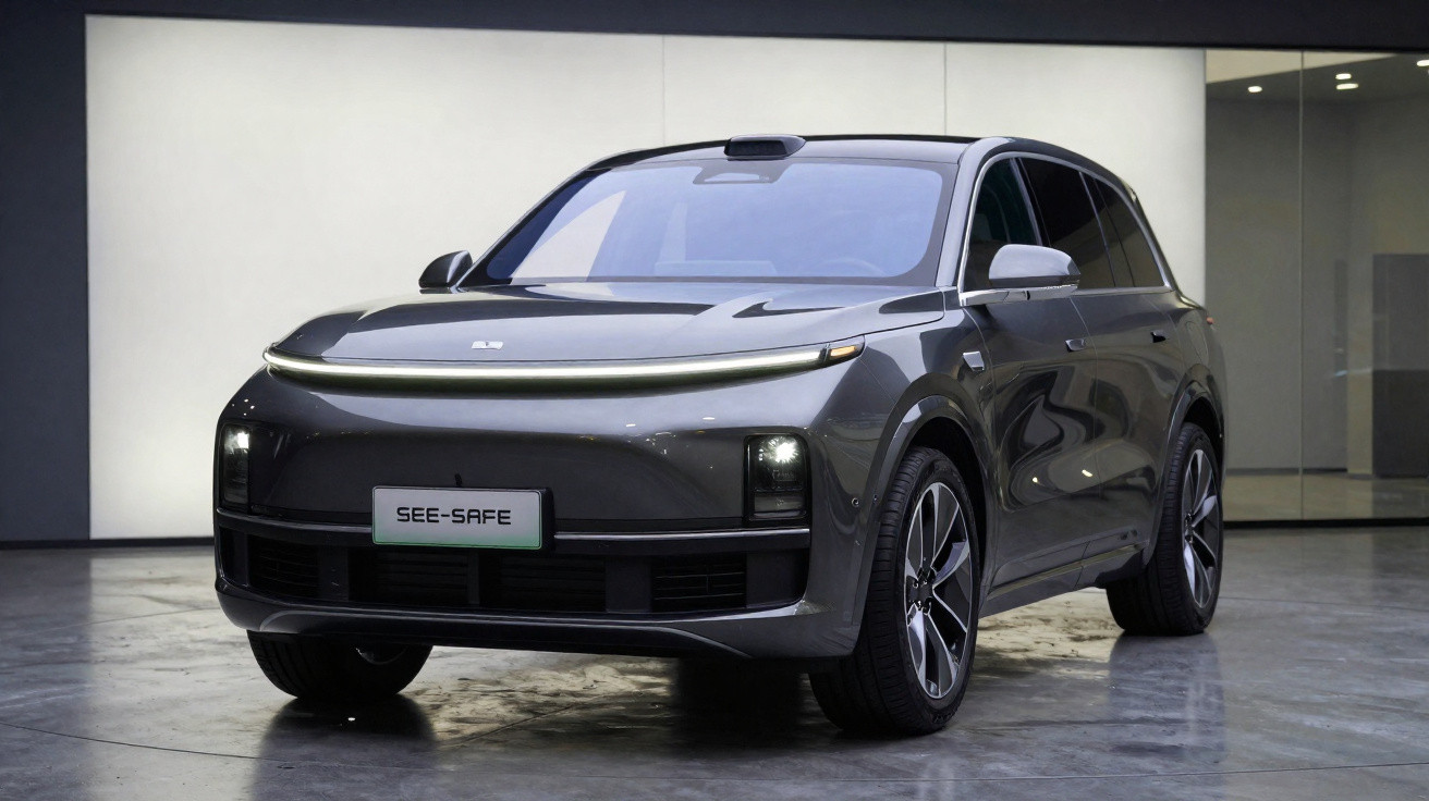 Automóvel SUV eléctrico cinzento com luzes LED e placa frontal "SEE-SAFE" em espaço interior moderno.