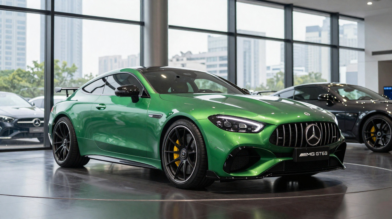 Carro desportivo Mercedes AMG GT 63 verde exposto em showroom com jantes pretas e pinças de travão amarelas.