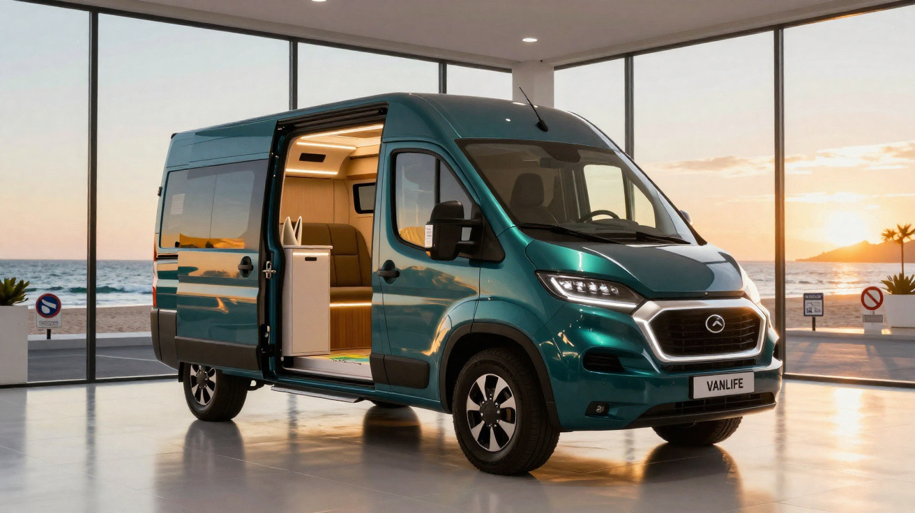 Van verde com porta lateral aberta exibindo interior equipado, em ambiente com vista para praia e mar ao pôr do sol.