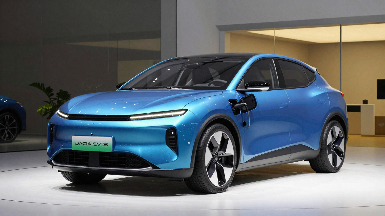 Carro elétrico azul Dacia EV1B em exibição com carregador conectado no lado esquerdo.