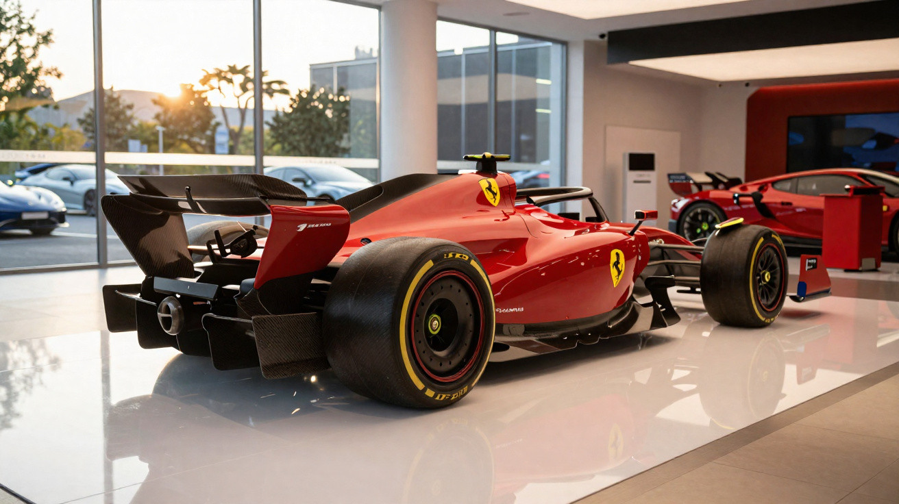 Carro de Fórmula 1 vermelho exposto num espaço moderno com janelas grandes ao pôr do sol.