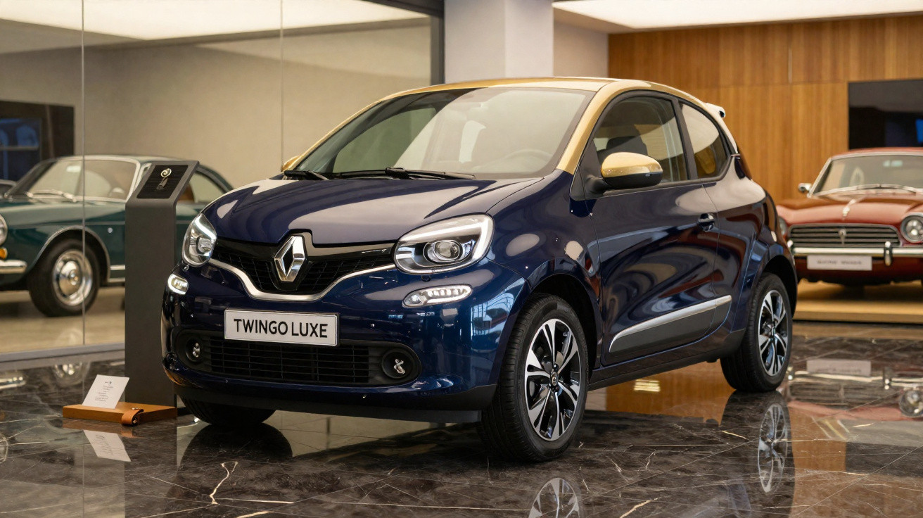 Renault Twingo Luxe azul com teto amarelo exposto numa sala de showroom moderno.