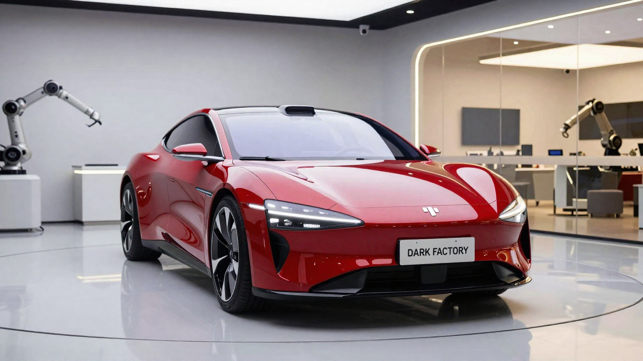 Carro desportivo elétrico vermelho visto de frente em ambiente moderno com braços robóticos nas laterais.