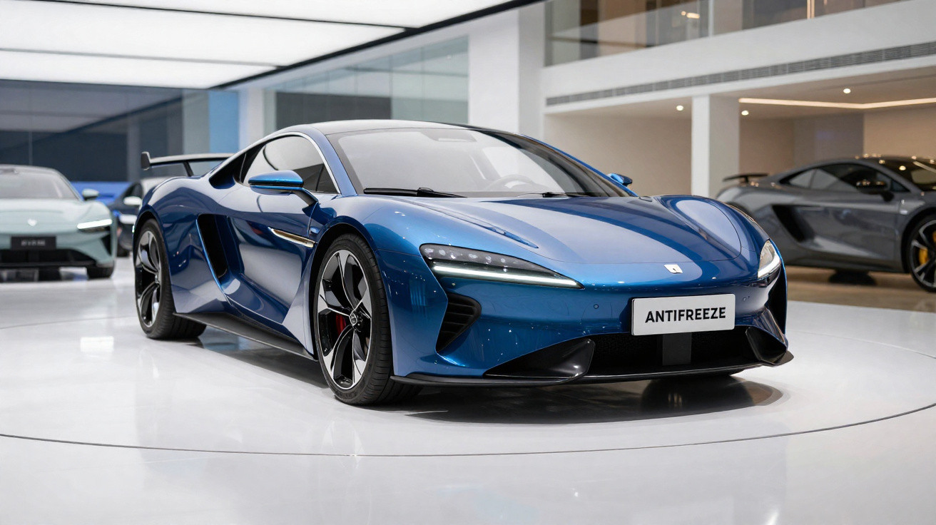 Carro desportivo azul em exposição numa sala moderna com carro cinzento ao fundo.