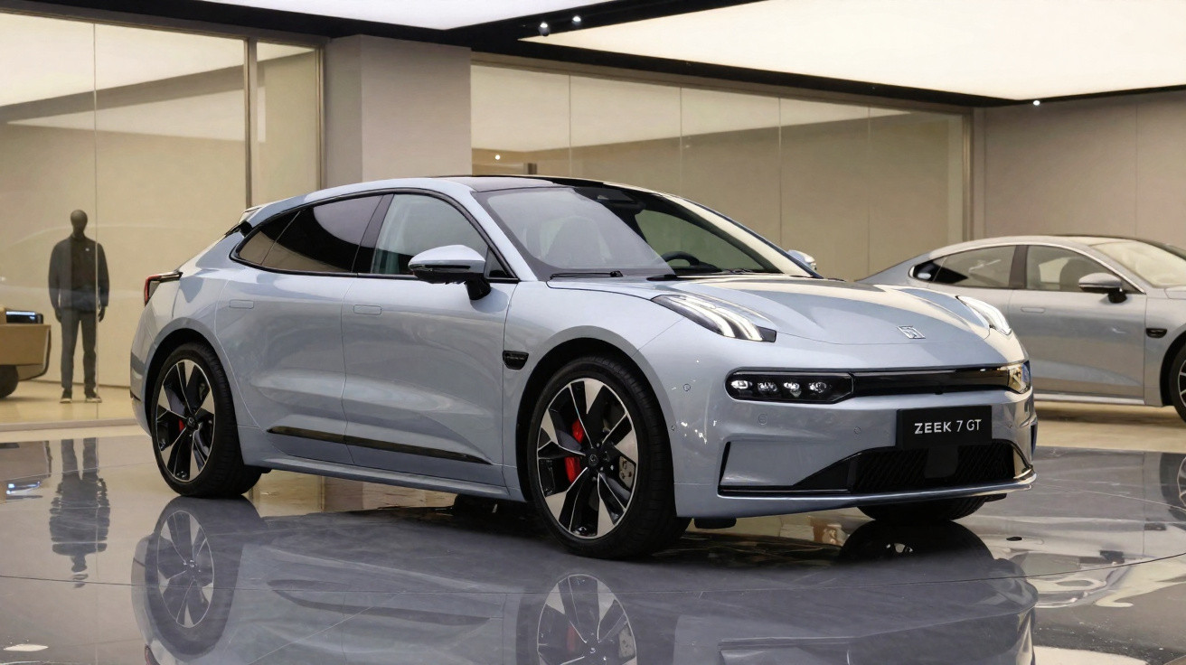 Carro elétrico Zeekr 001 cinza estacionado em garagem moderna com piso refletor.
