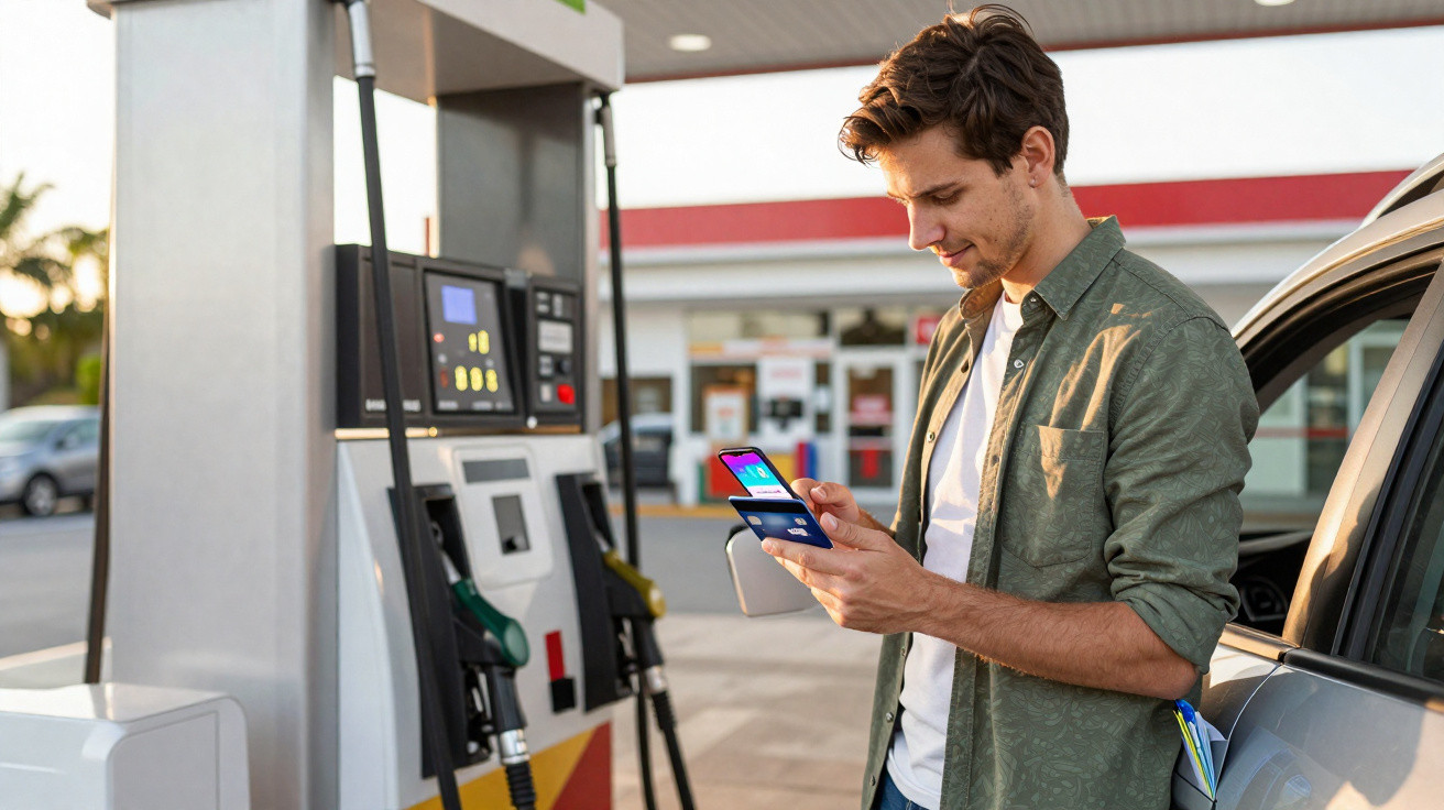 Homem a pagar combustível com cartão numa bomba de gasolina enquanto consulta o telemóvel ao lado do seu carro branco.