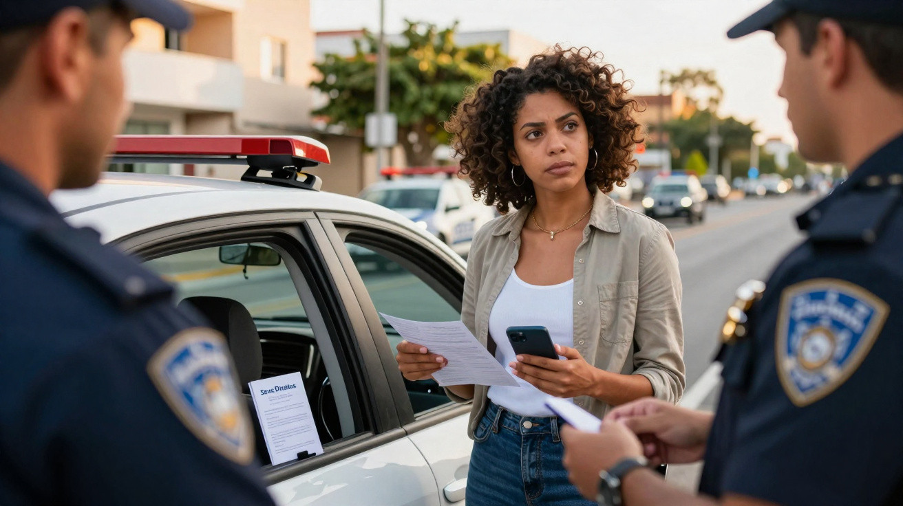 Mulher conversa com polícia ao lado de carro branco numa rua urbana ao entardecer.
