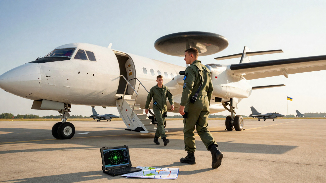 Dois pilotos em fato de voo caminham perto de um avião de reconhecimento aéreo com radar no topo.