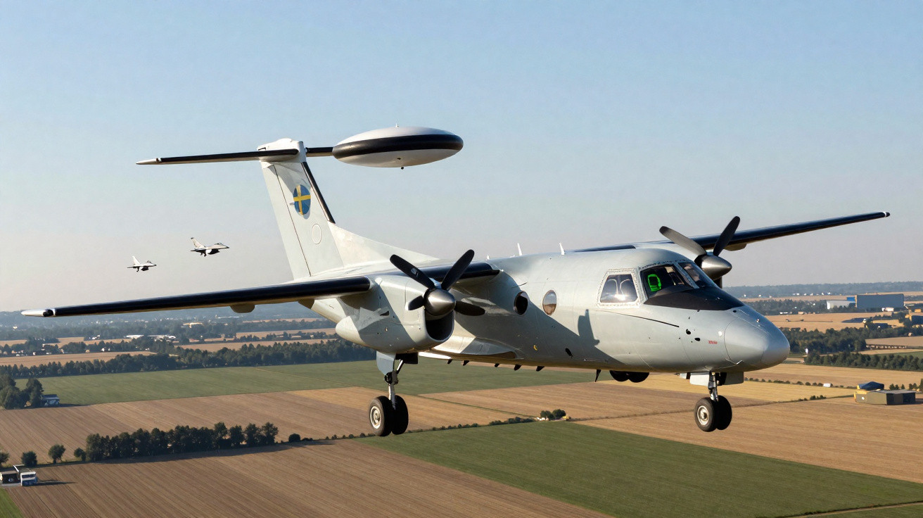 Avião de asa fixa branco a voar sobre campos agrícolas, com dois helicópteros ao fundo.