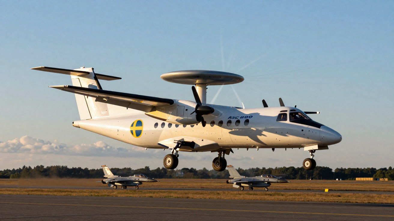 Avião militar de vigilância com radar no topo a aproximar-se para aterragem num aeroporto com dois jatos ao fundo.