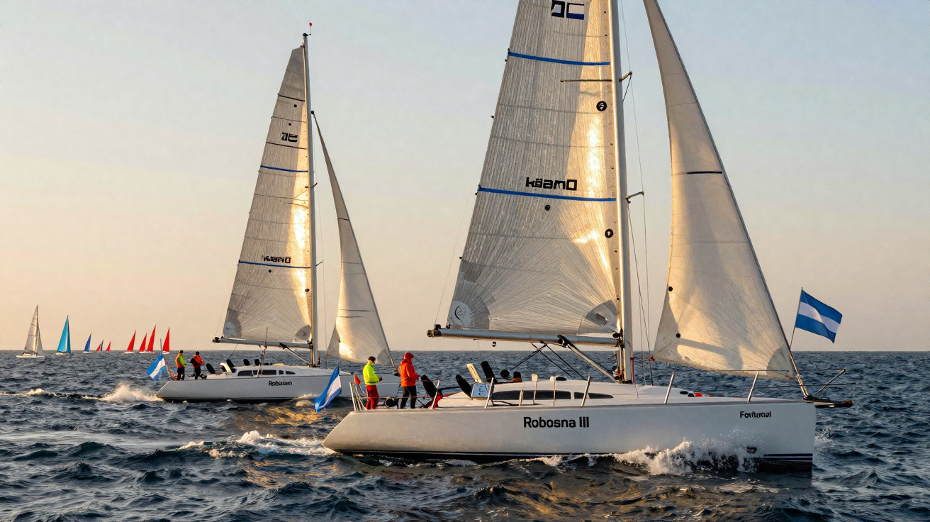 Duas veleiros a navegar em competicão no mar com várias outras embarcações ao fundo ao pôr do sol.