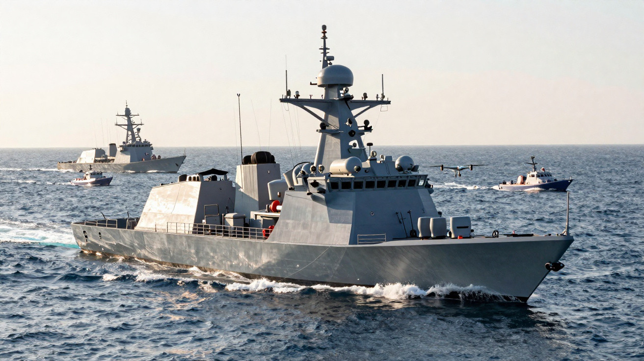 Fragata militar cinzenta a navegar no mar, com outros navios ao fundo.