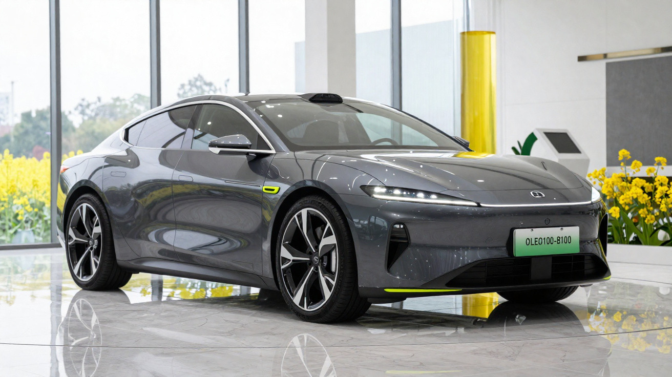 Carro elétrico cinzento brilhante estacionado em espaço moderno com grandes janelas e plantas amarelas no exterior.