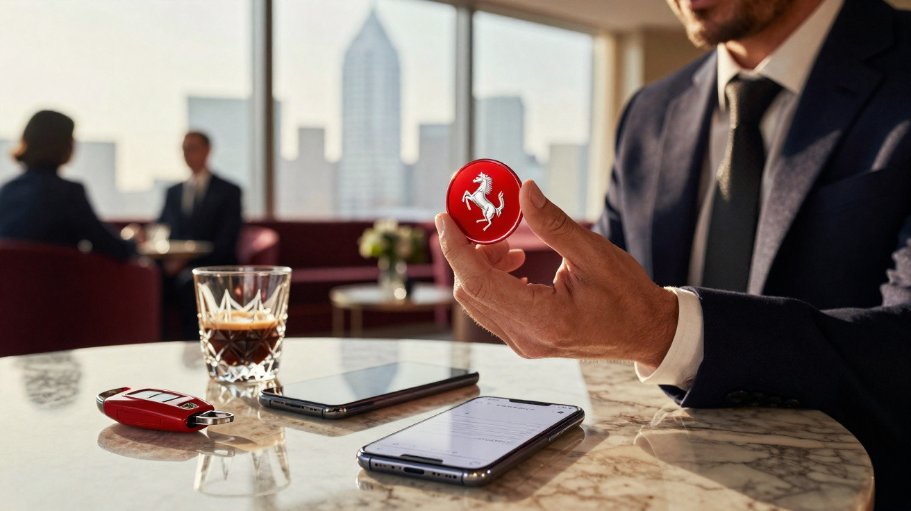 Homem de negócios em fato segura moeda digital da Ferrari numa mesa com telemóvel, chave e café.