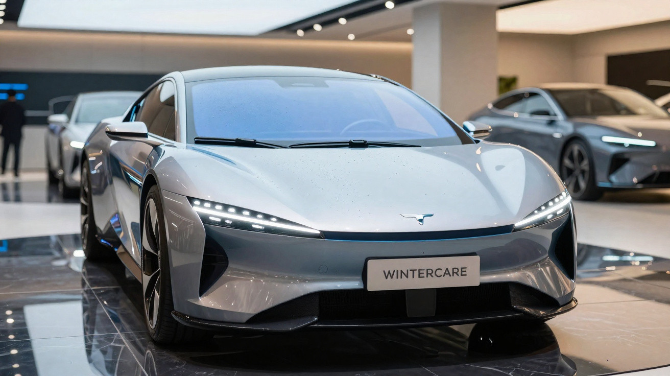 Carro desportivo prateado com faróis LED acesos, exposto numa sala moderna com chão em mármore.