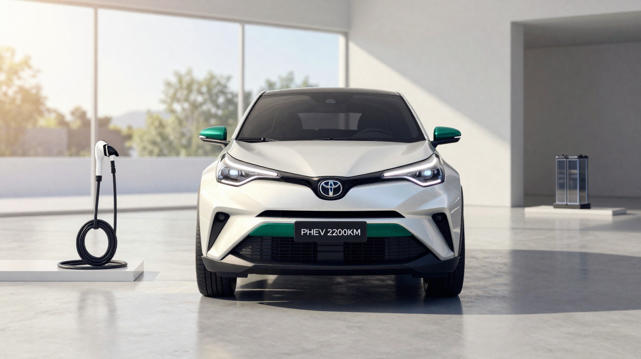 Carro híbrido plug-in branco Toyota C-HR estacionado junto a estação de carregamento num espaço moderno e luminoso.