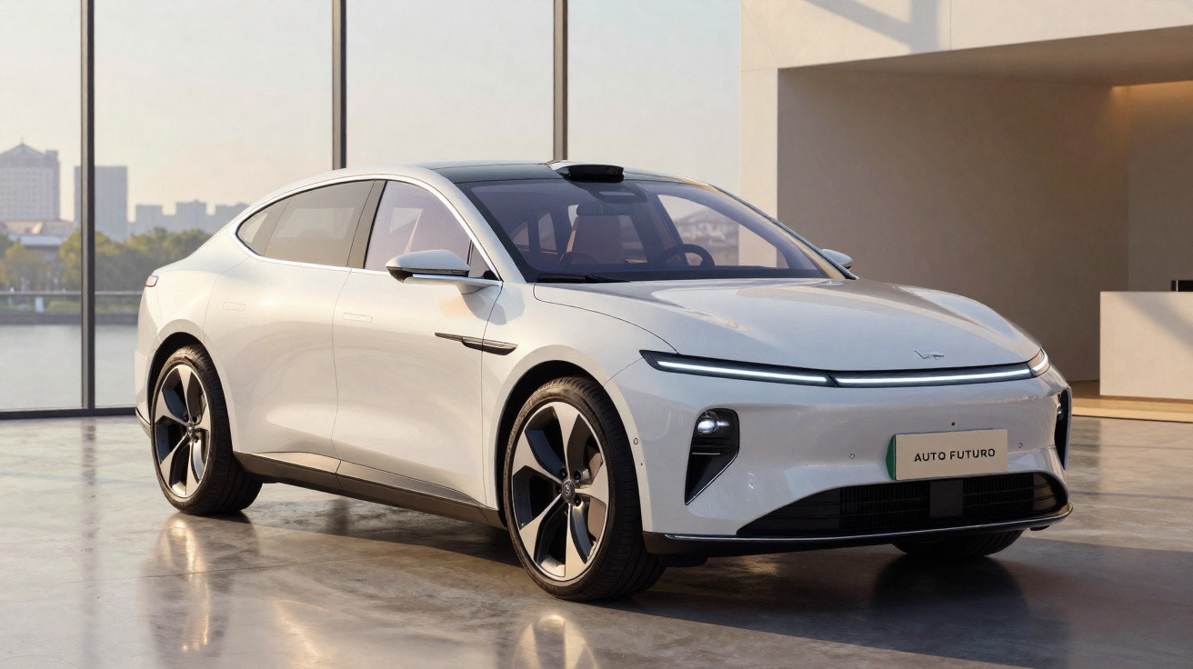 Carro elétrico moderno branco estacionado num espaço interior com grandes janelas e vista urbana.