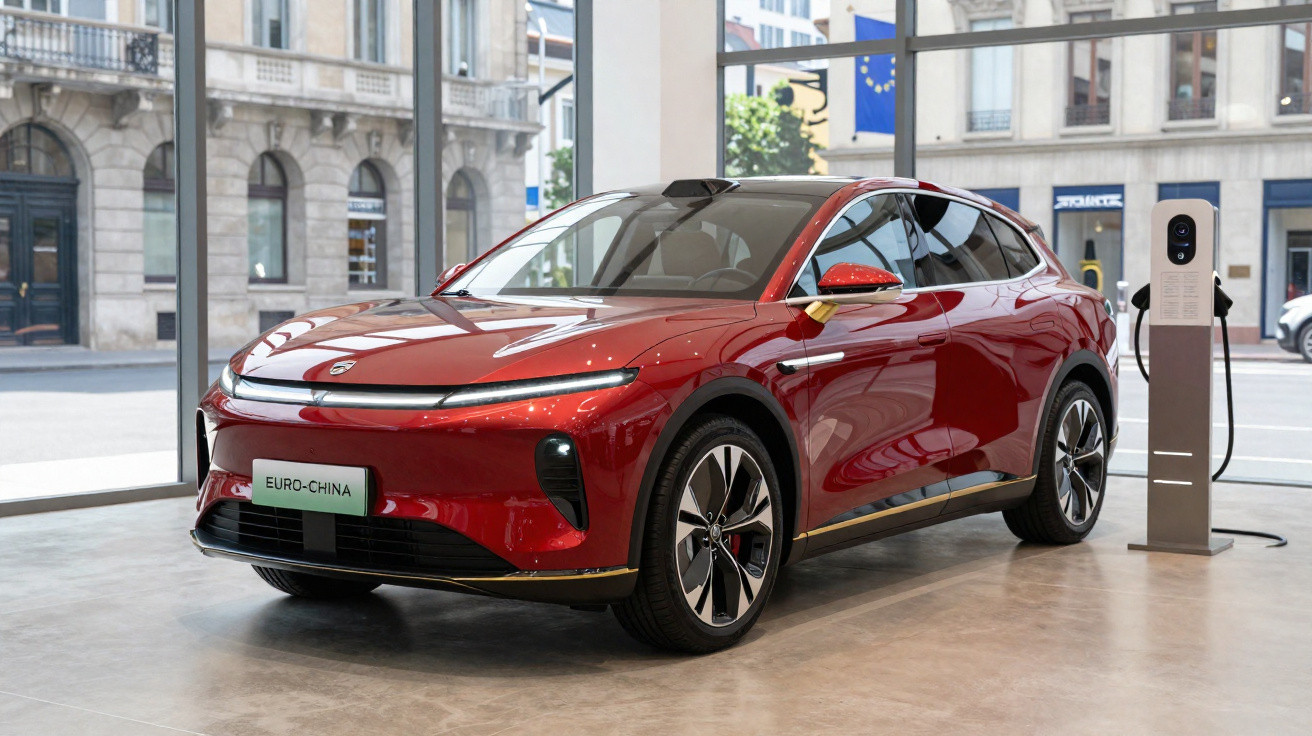 Carro elétrico vermelho em exposição numa sala moderna com estação de carregamento junto à parede.