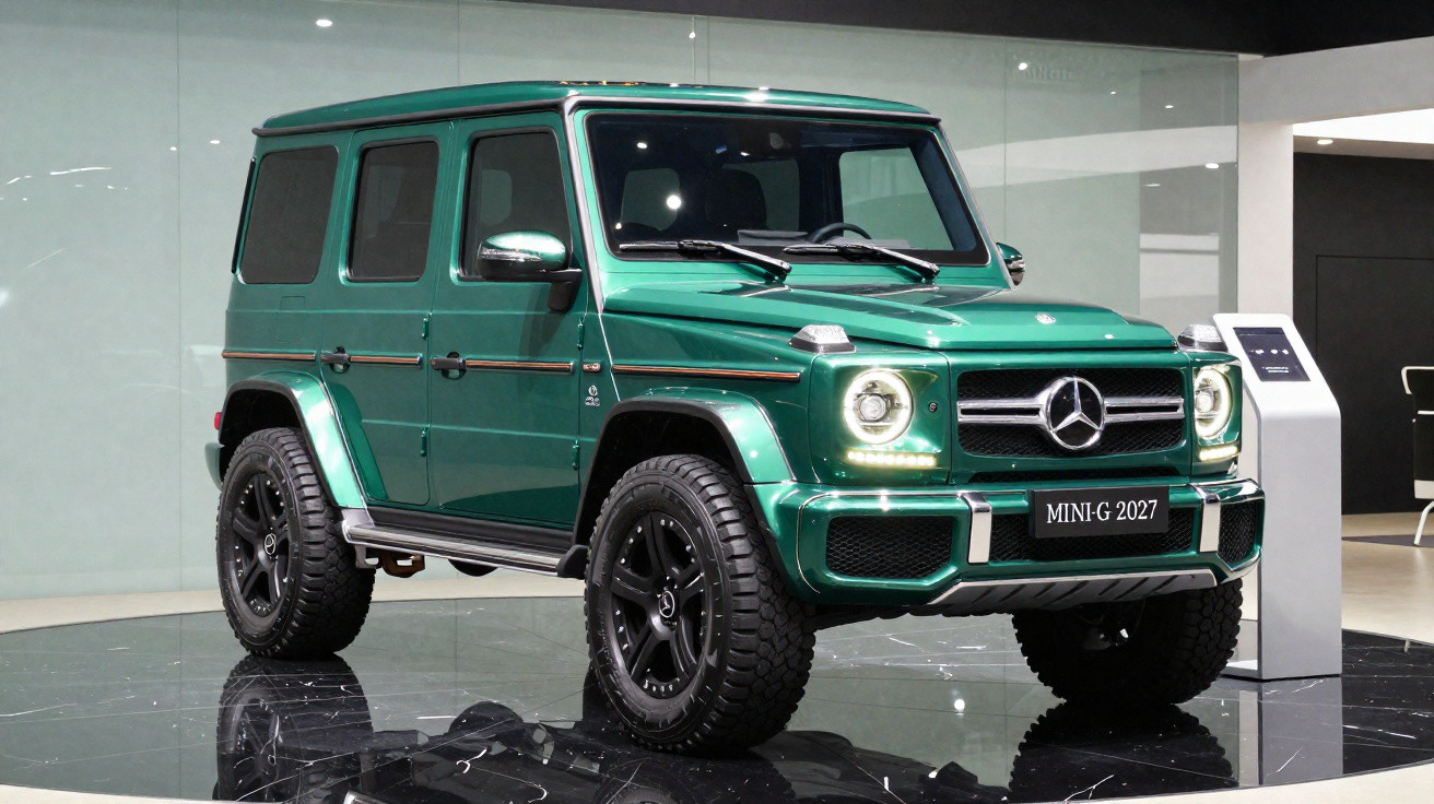 Carro todo-o-terreno Mercedes-Benz G-Wagon verde metálico exposto em stand moderno.