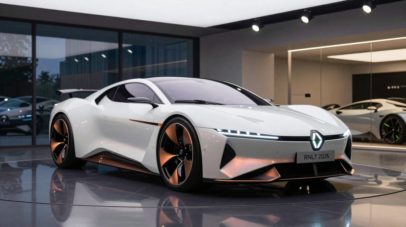 Carro desportivo branco futurista exposto em salão moderno com jantes pretas e detalhes laranja.