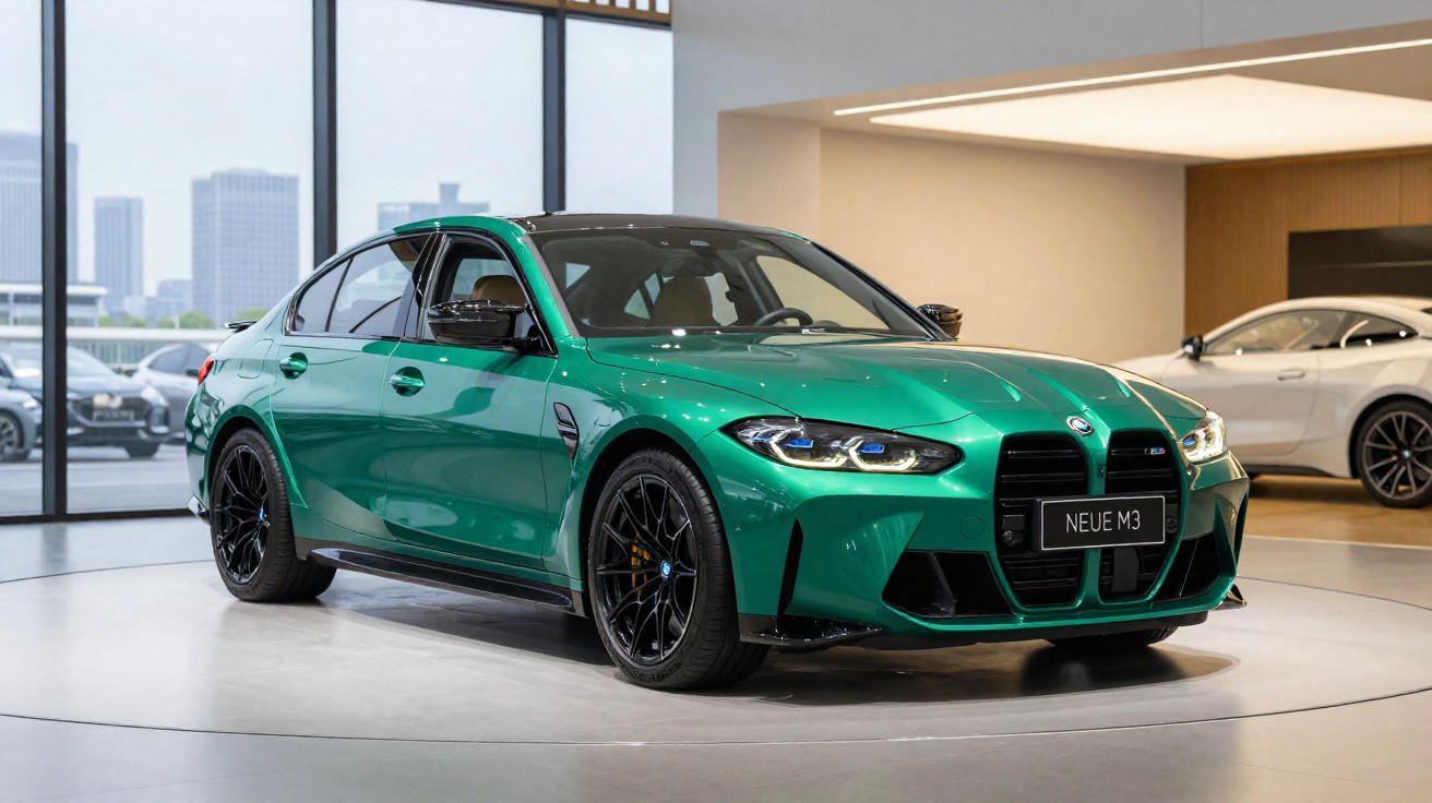 Carro BMW M3 verde expositor em salão moderno com janelas grandes e edifícios ao fundo.