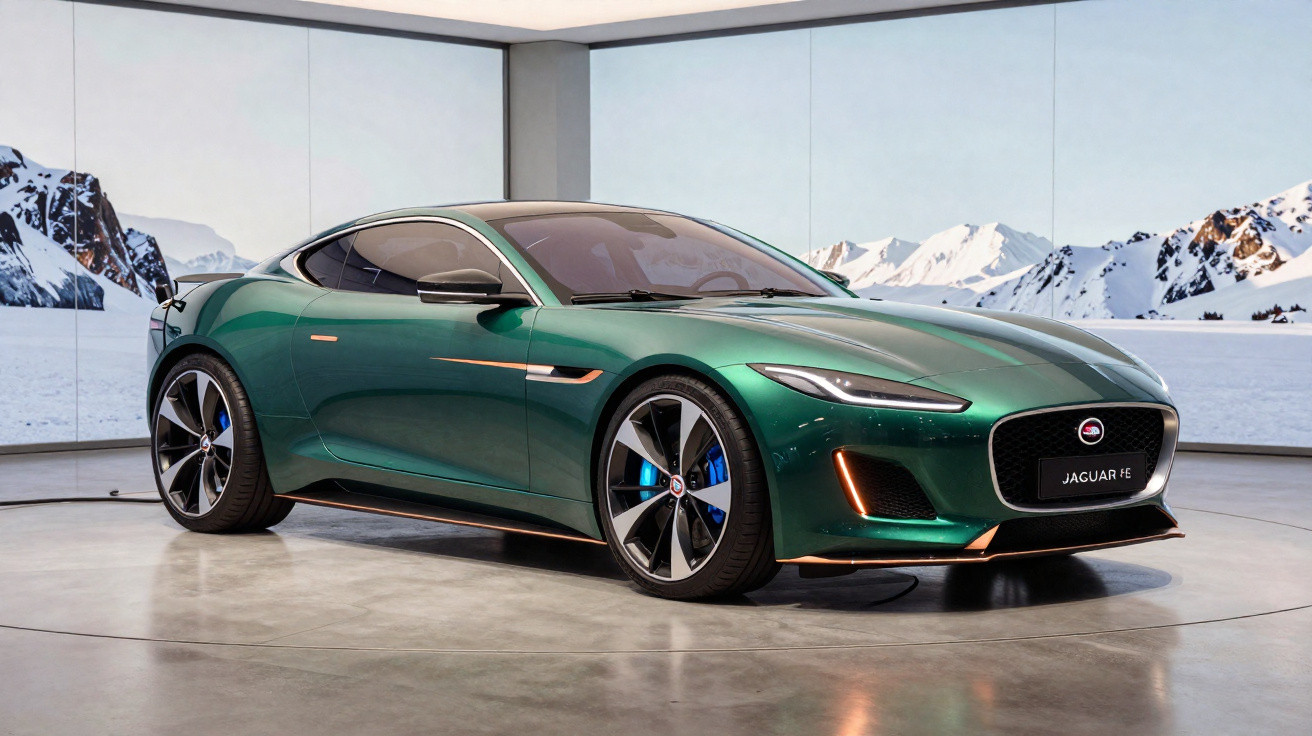 Carro Jaguar GTE verde escuro elétrico em exposição interior moderna com grandes rodas e linhas aerodinâmicas.