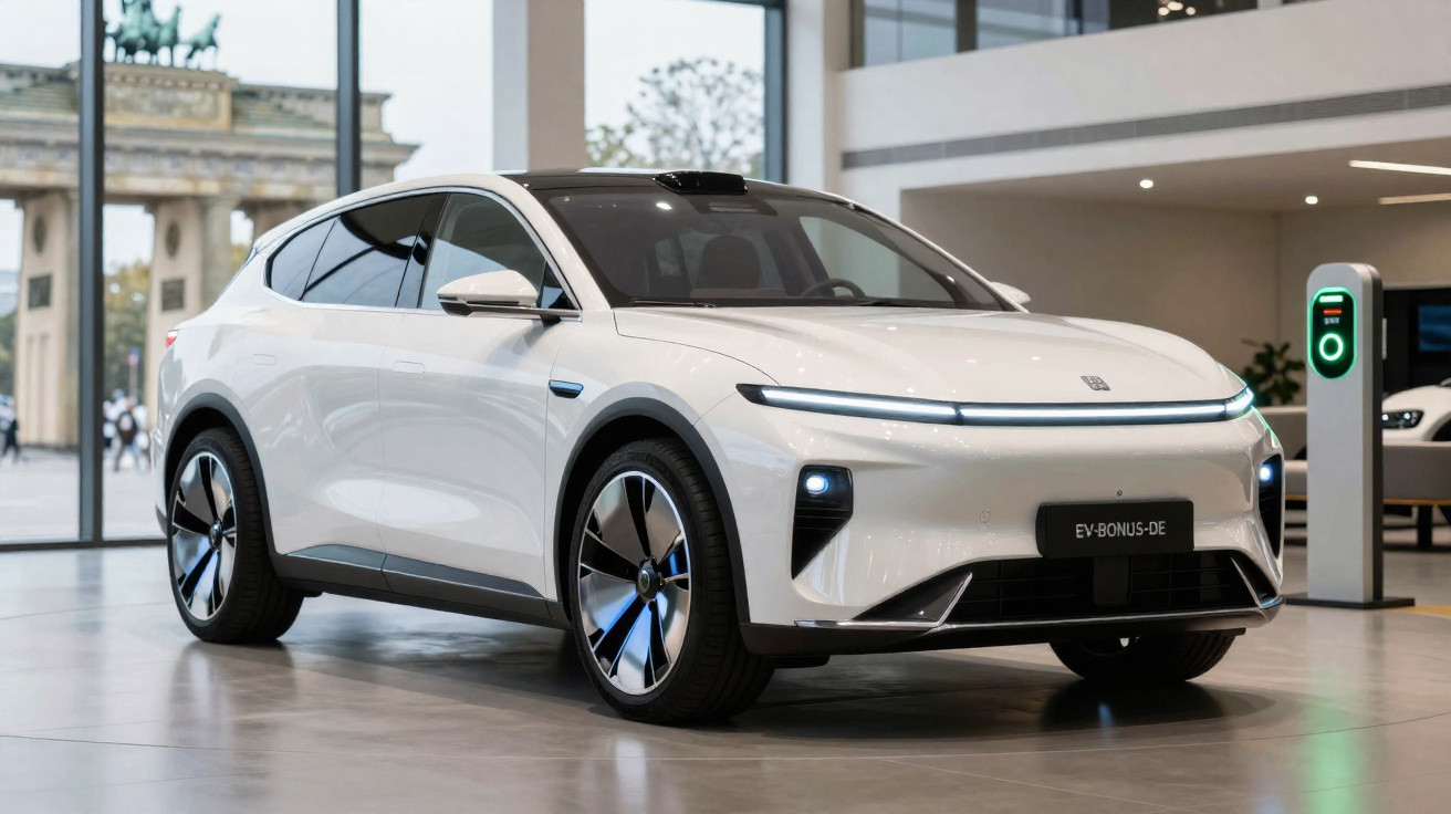 Carro eléctrico branco estacionado em espaço interior moderno com carregador elétrico e Porta de Brandemburgo ao fundo.
