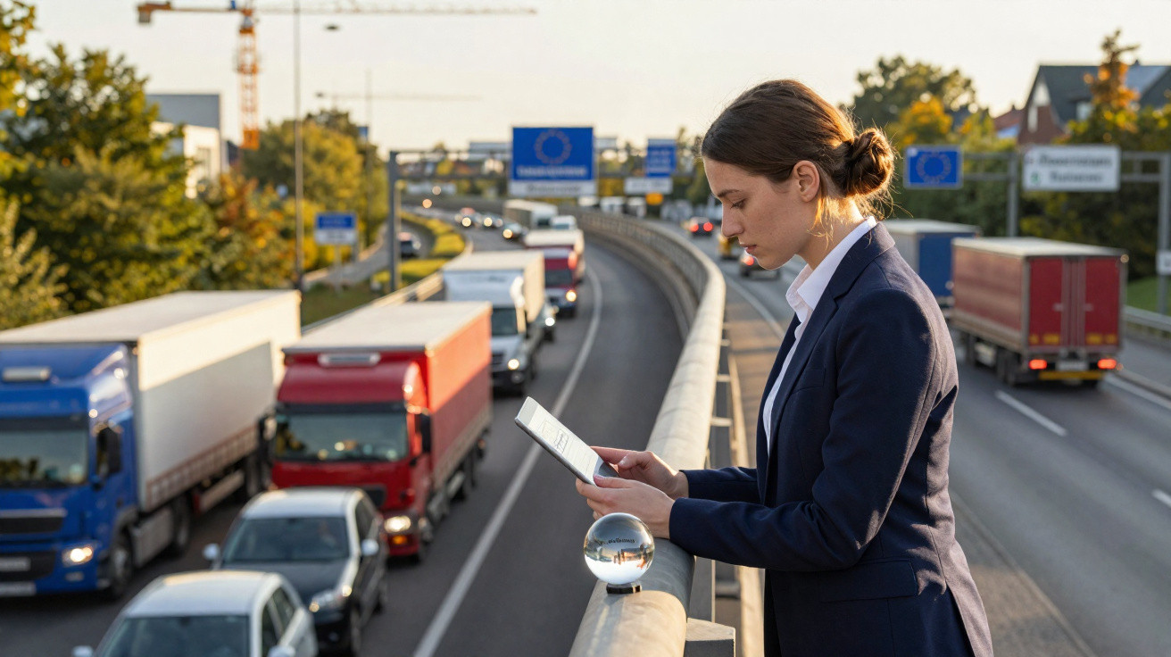 Mulher de fato azul usa tablet numa ponte sobre autoestrada com trânsito intenso ao pôr do sol.