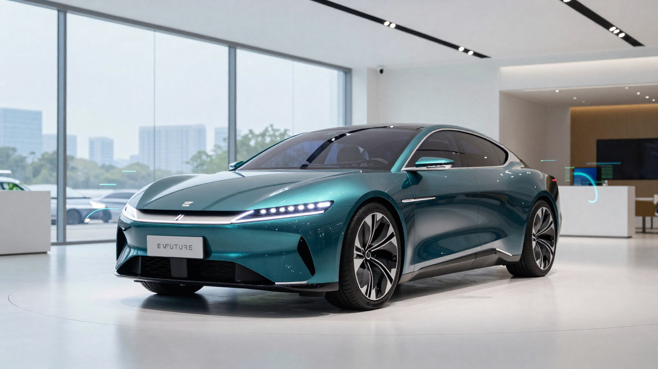 Carro elétrico desportivo futurista verde num salão moderno com janelas amplas e vista urbana.