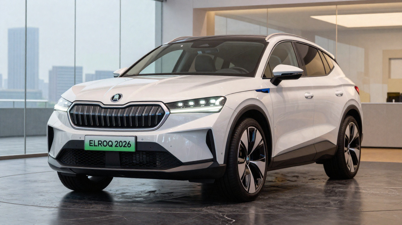 SUV eléctrico branco BMW ELROQ 2026 em showroom moderno com piso espelhado e iluminação suave.