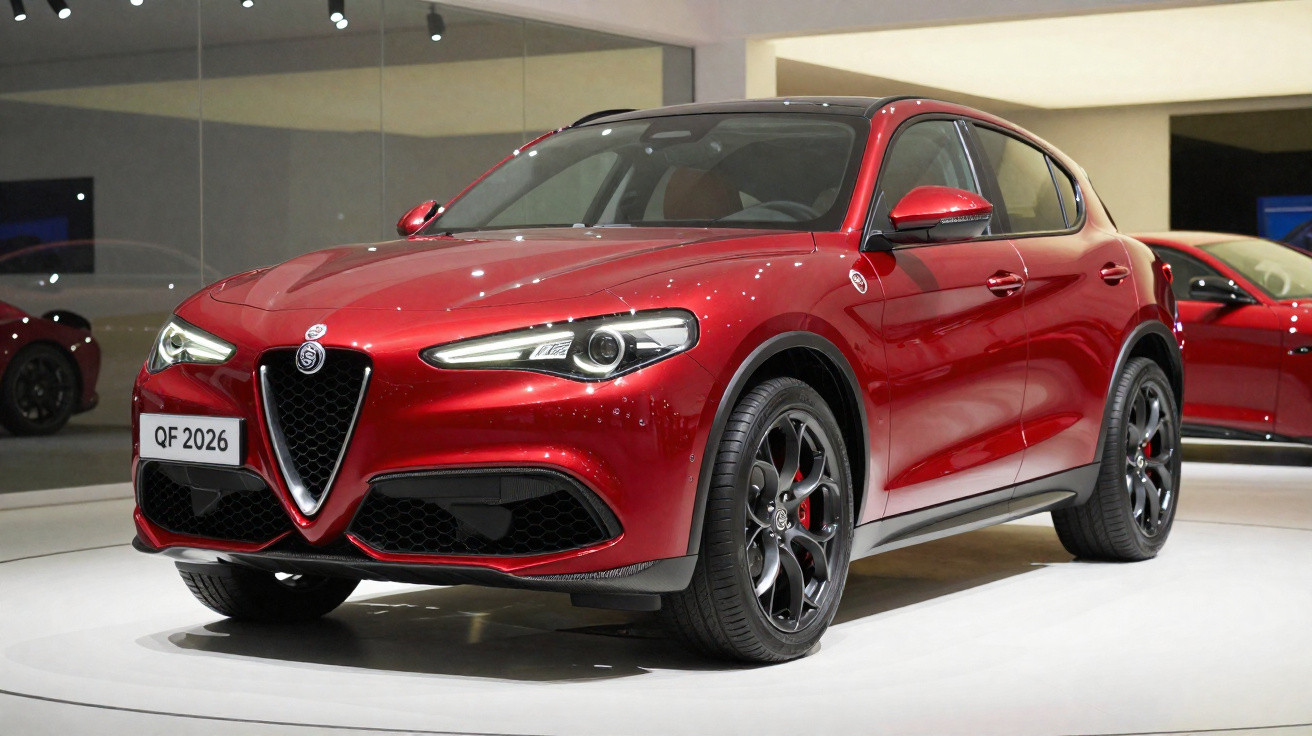 Carro SUV Alfa Romeo vermelho brilhante em exposição interior com design moderno e detalhes pretos.