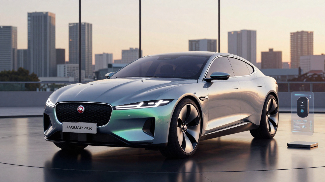 Carro elétrico Jaguar 2026 cinza metálico estacionado em sala moderna com grandes janelas e vista urbana ao pôr do sol.