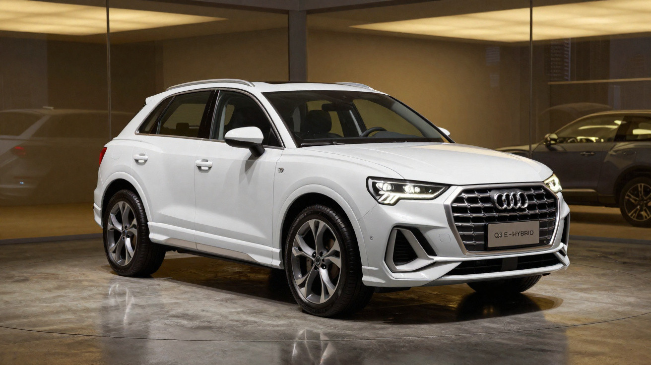 Audi Q3 E-Hybrid branco estacionado em piso interior refletivo com fundo escuro e luz amarela.