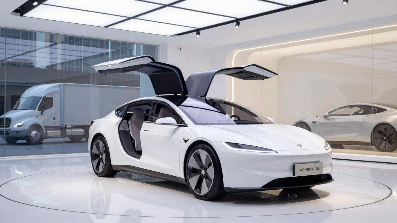 Carro elétrico branco com portas em asa de gaivota aberto, em espaço expositivo moderno e minimalista.